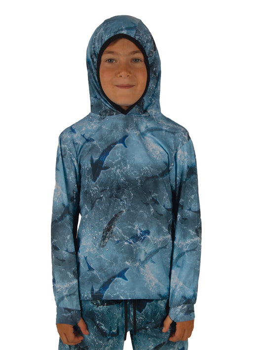 Atlan Jr. Kapüşonlu UV Korumalı T-Shirt - Shark Blue - Stafu Pro Series