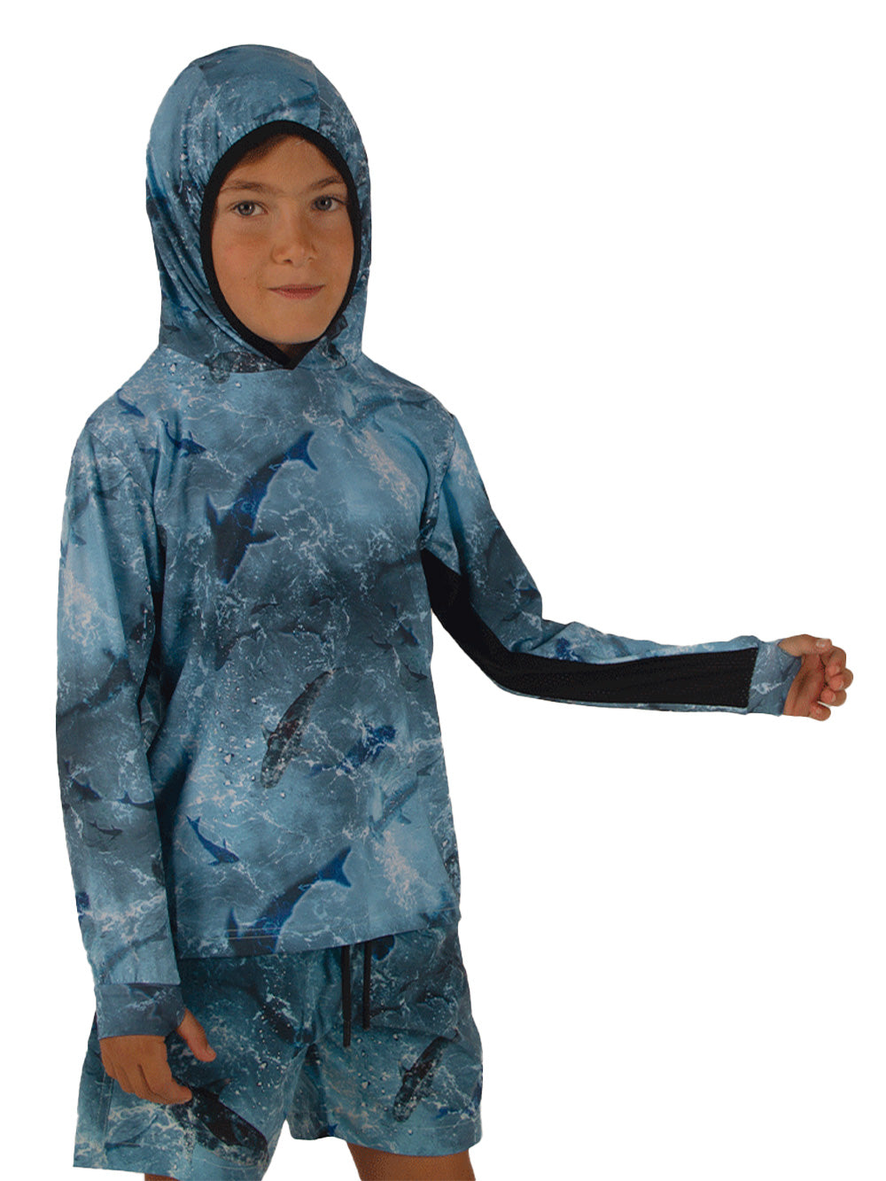 Atlan Jr. Kapüşonlu UV Korumalı T-Shirt - Shark Blue - Stafu Pro Series