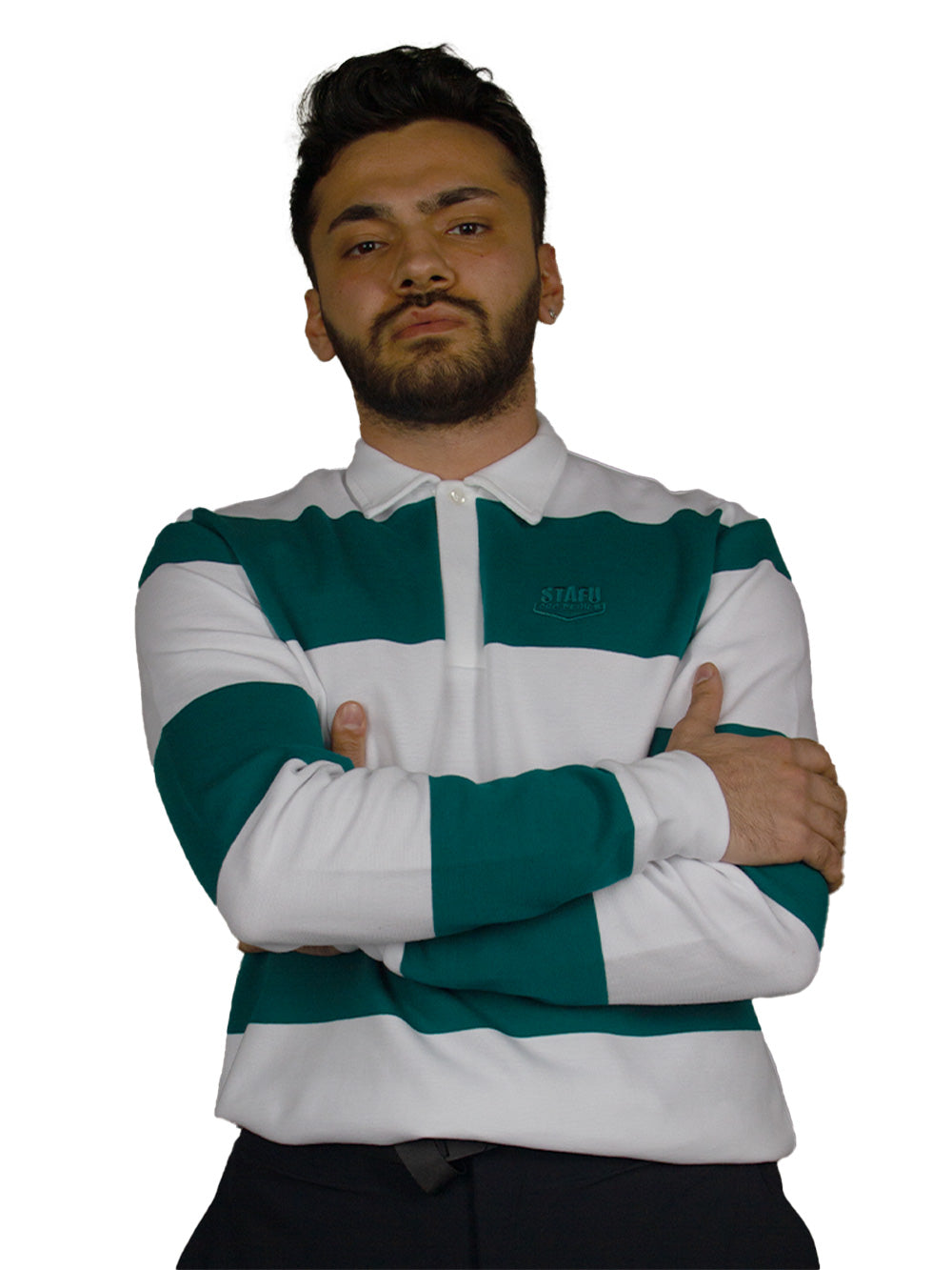 Rugby Polo Uzun Kollu T-shirt - Yeşil/Beyaz Çizgili - Stafu Pro Series
