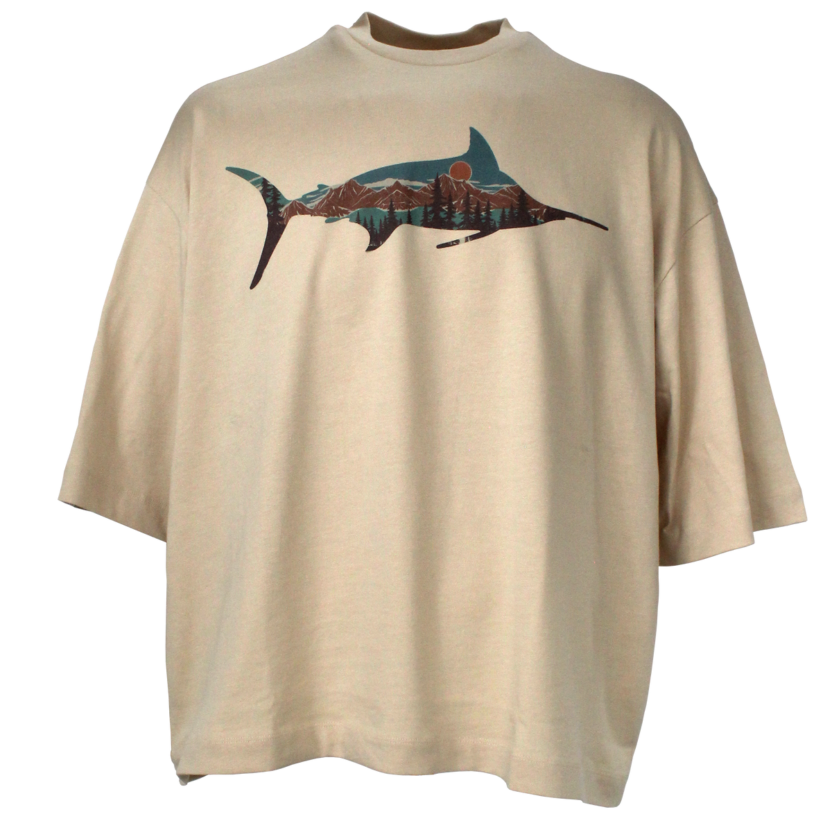 Bora Bora Men's Loose Fit Swordfish Patterned Beige T-Shirt