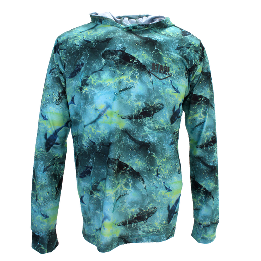 .99 Men's Hooded Long Sleeve Ultra Light Fisherman Sailor Shark Patterned Lime UV Protected Shirt