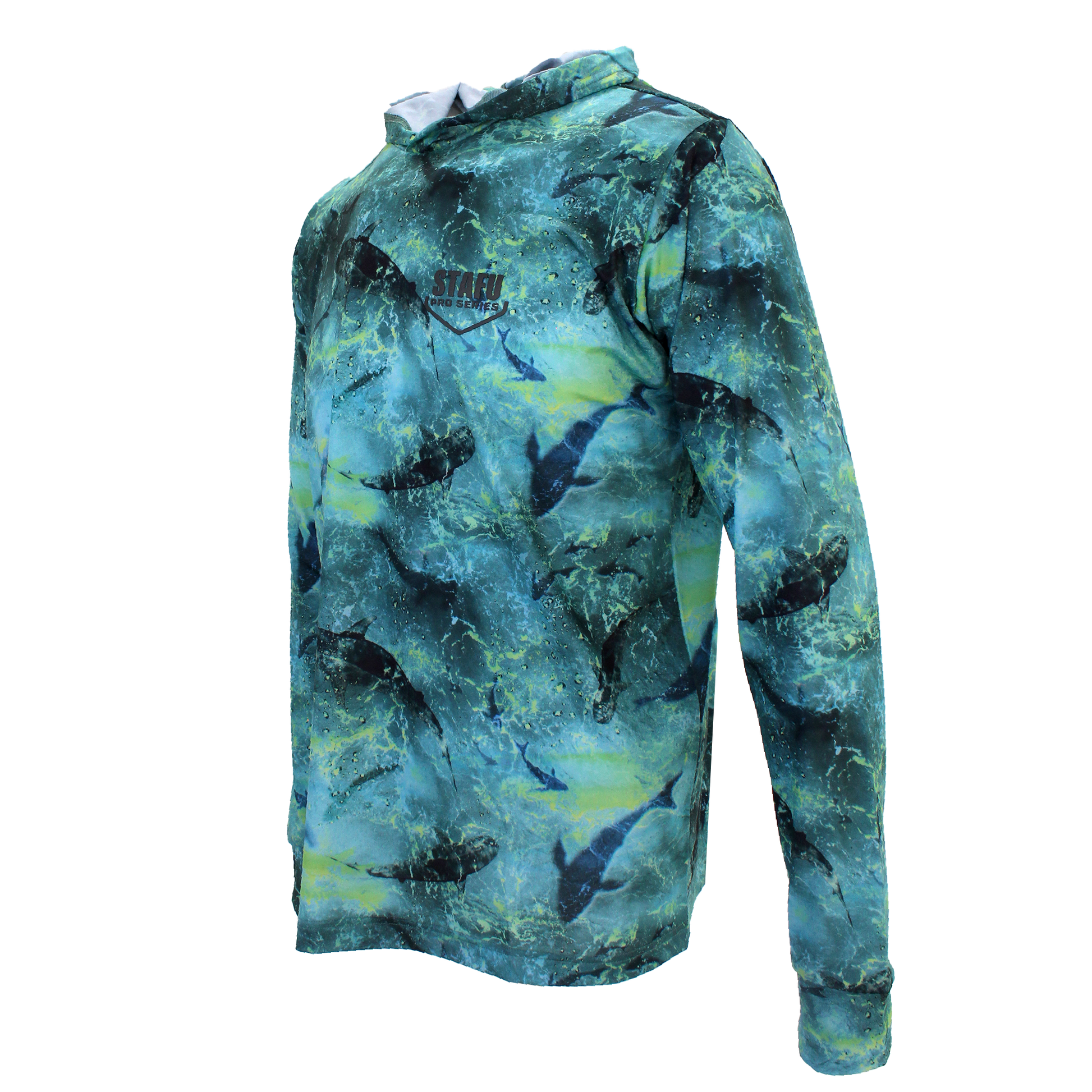 .99 Men's Hooded Long Sleeve Ultra Light Fisherman Sailor Shark Patterned Lime UV Protected Shirt