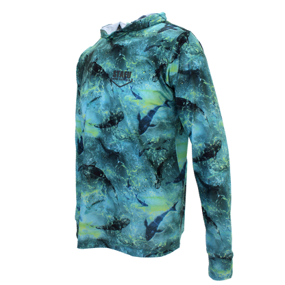 .99 Men's Hooded Long Sleeve Ultra Light Fisherman Sailor Shark Patterned Lime UV Protected Shirt