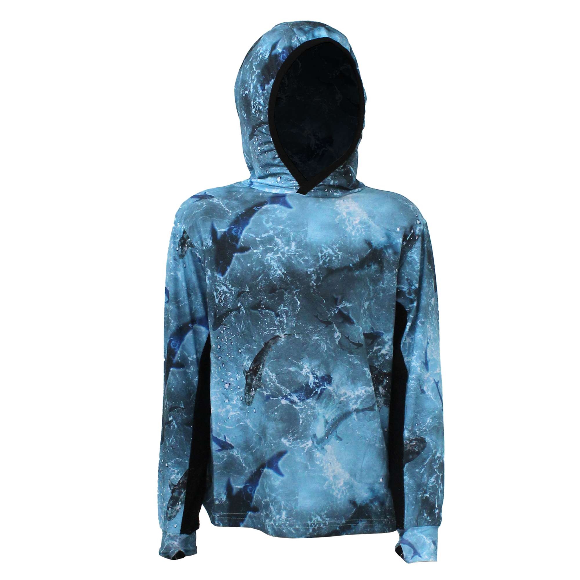 Atlan Junior Hooded Long Sleeve Fisherman Sailor Shark Patterned Blue UV Protected Shirt