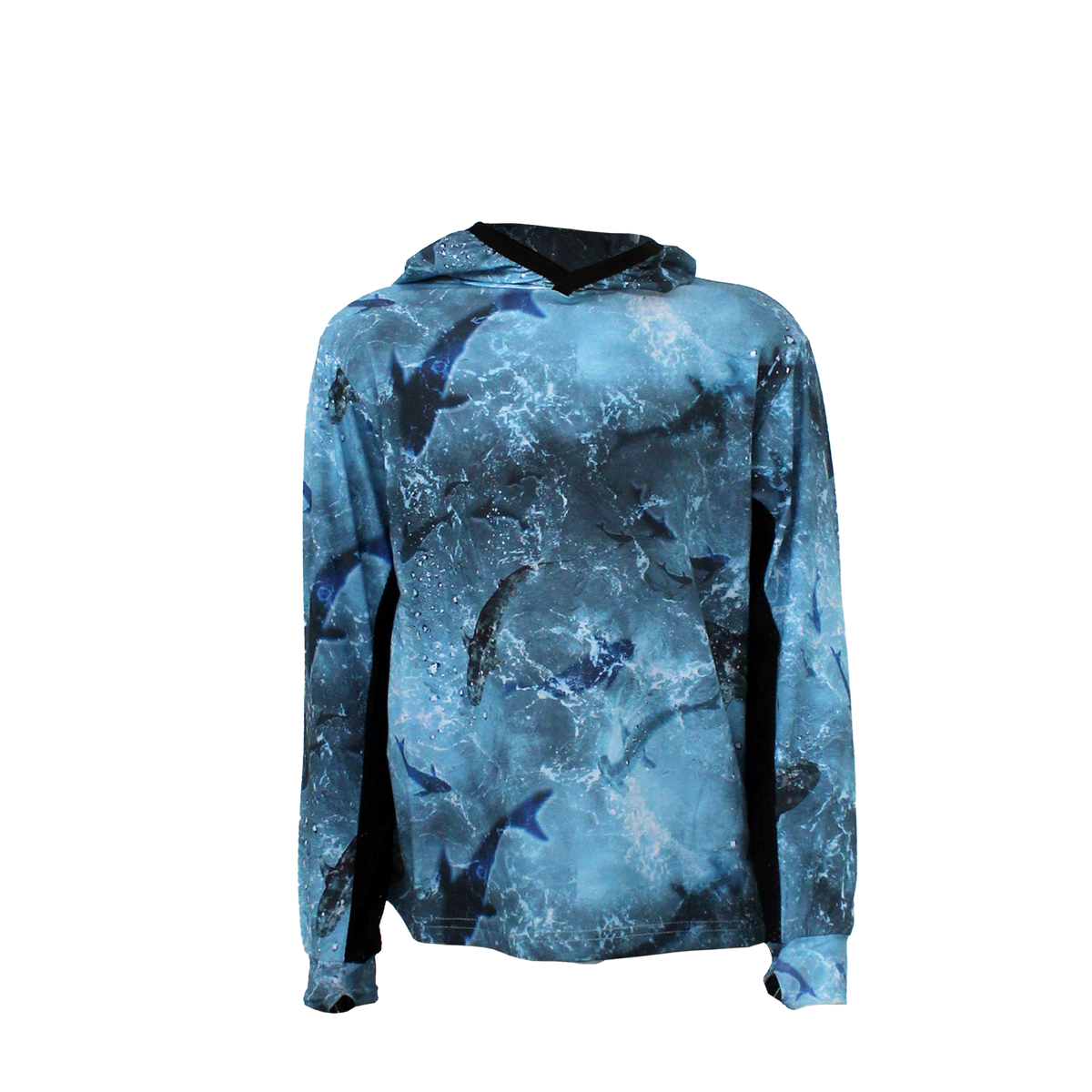 Atlan Junior Hooded Long Sleeve Fisherman Sailor Shark Patterned Blue UV Protected Shirt