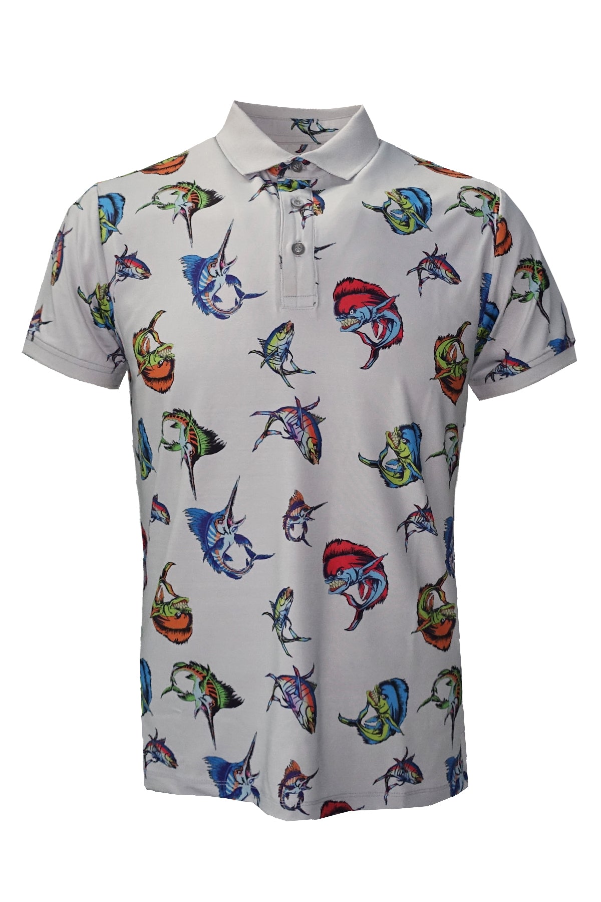 League Men's Short Sleeve Fisherman Sailor Cartoon Patterned Grey UV Protected Polo Shirt