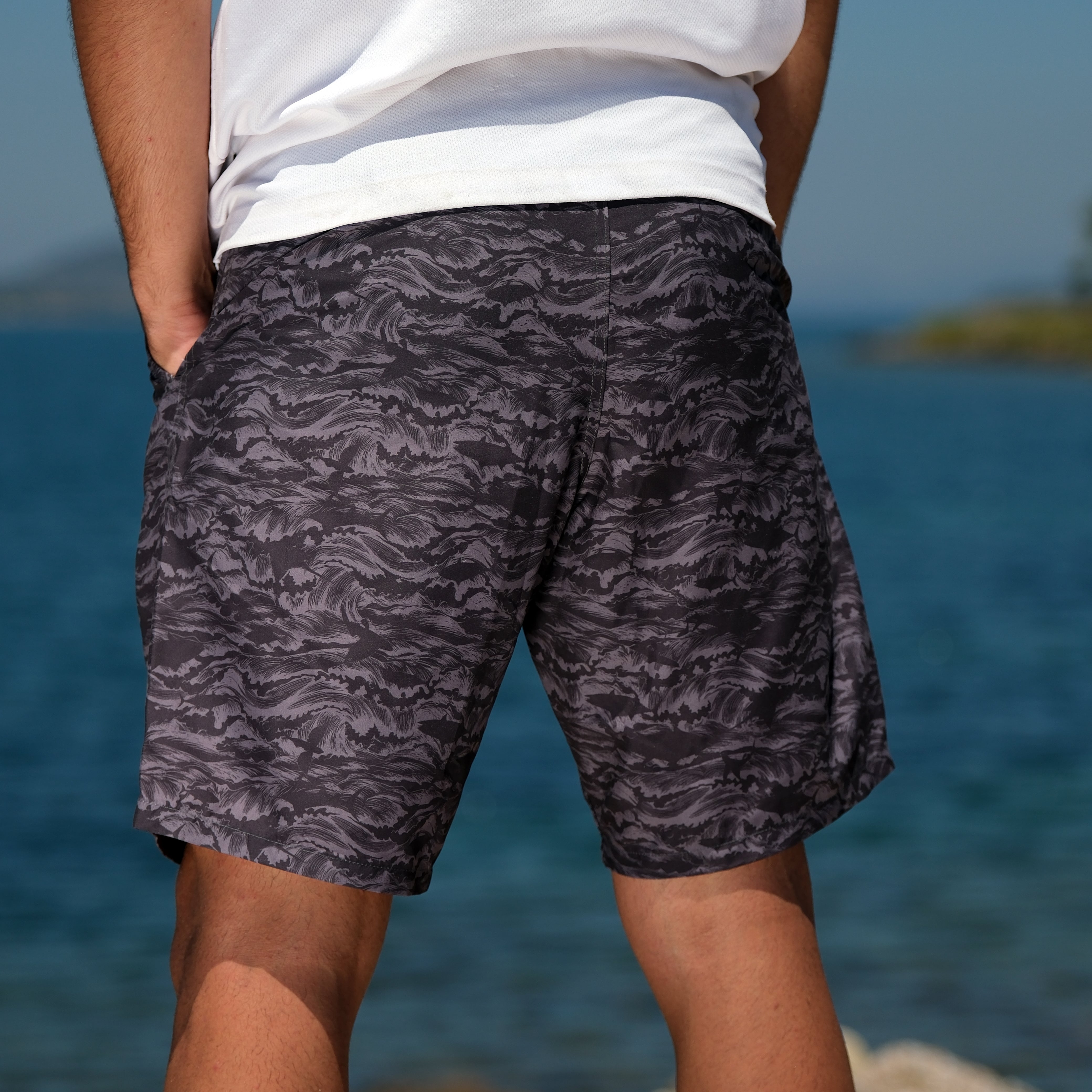 Andaman Men's Adjustable Waist Fisherman Sailor Signature Patterned Black Short