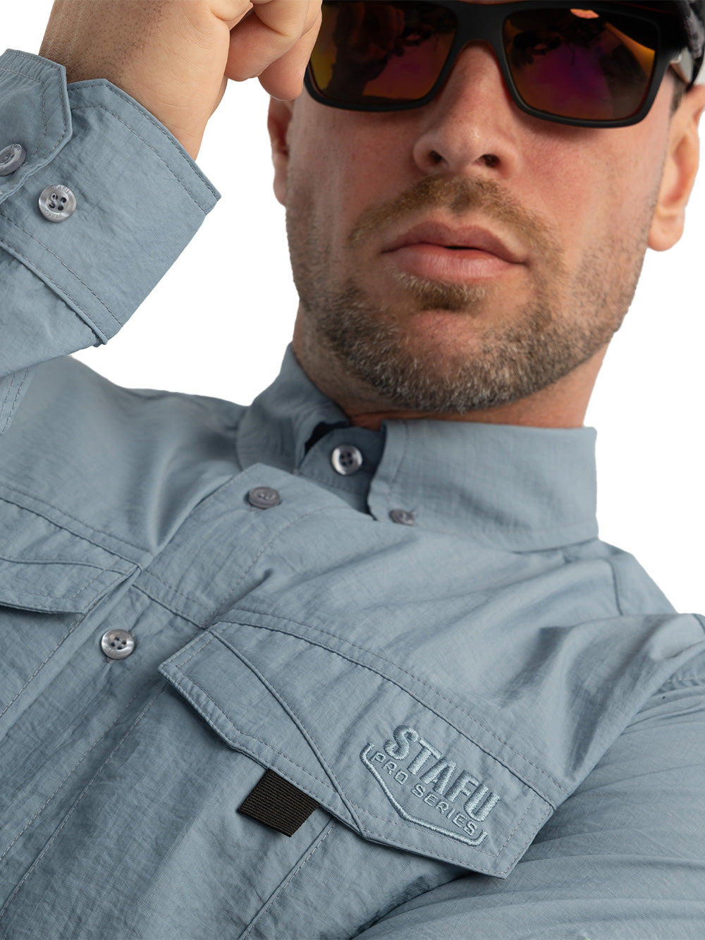 Eclipse Men's Long Sleeve Perforated Fisherman Sailor Smoked Button-Up Shirt - Stafu Pro Series