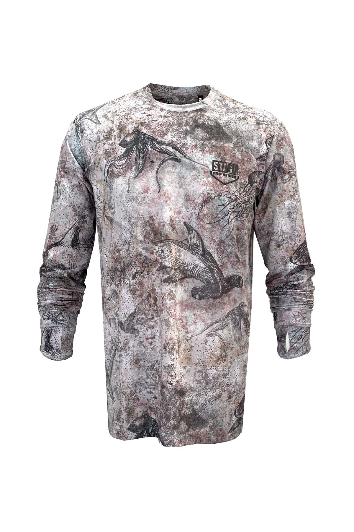 Apex v2 Men's Long Sleeve Crew Neck Fisherman Sailor Hammerhead Patterned Brown UV Protected Shirt