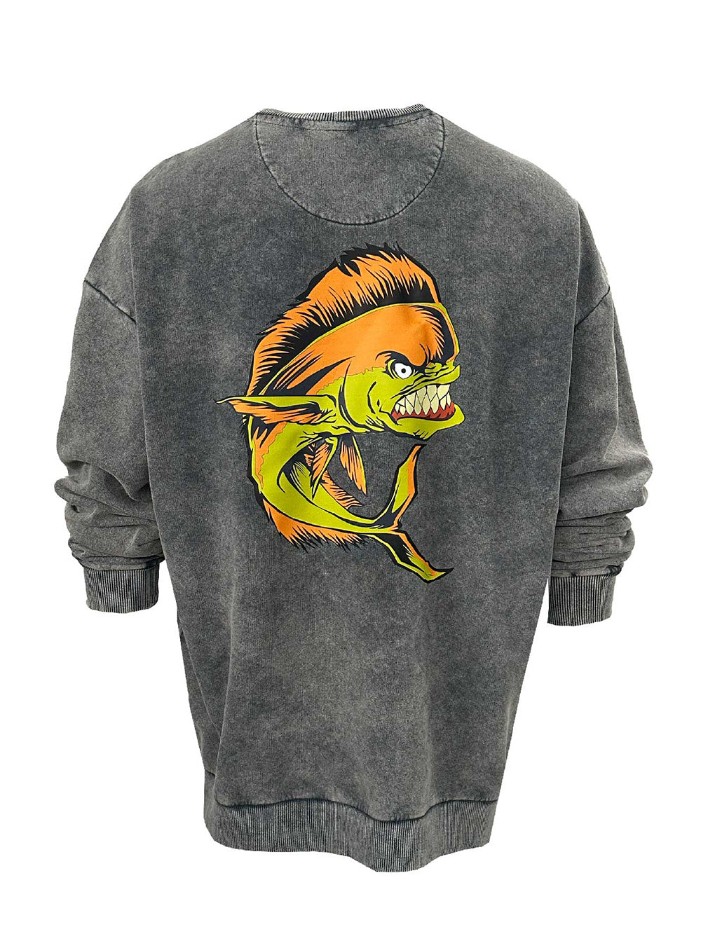 Old Bastard Unisex Crew Neck Long Sleeve Acid Wash Mahi Mahi Patterned Gray Sweatshirt 