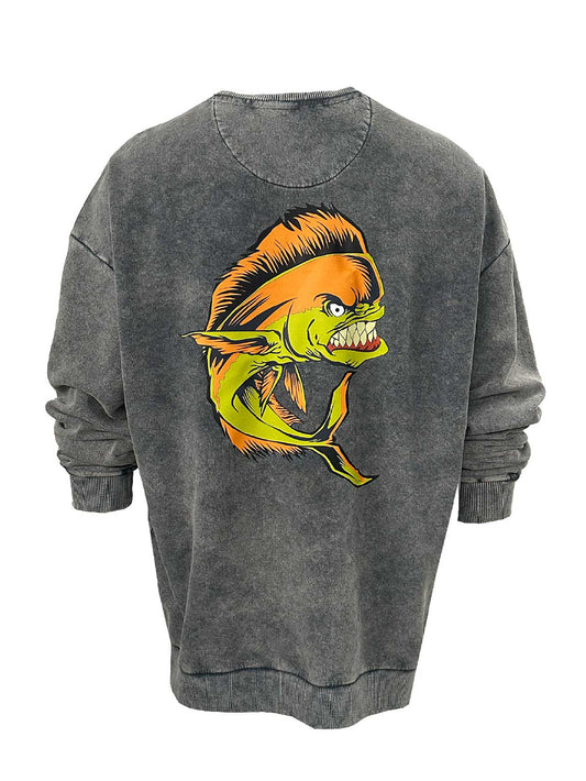 Old Bastard Unisex Crew Neck Long Sleeve Acid Wash Mahi Mahi Patterned Gray Sweatshirt 