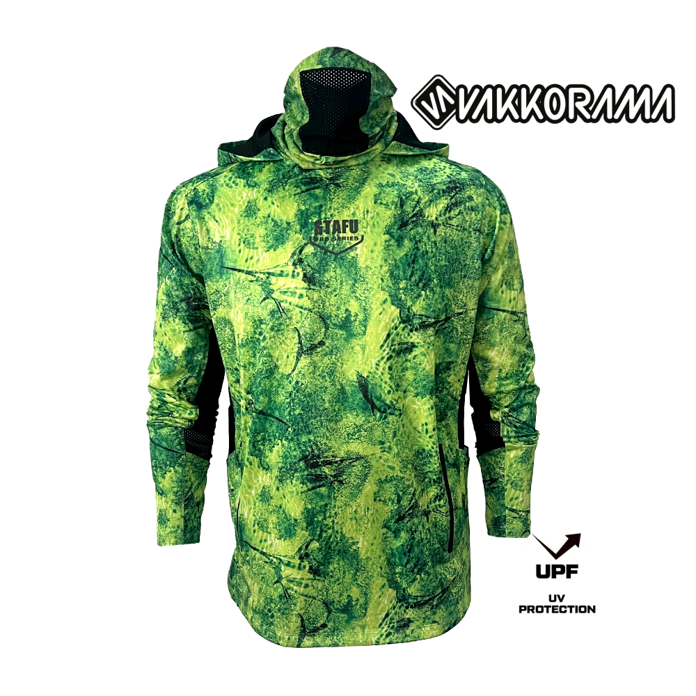 Argonaut Men’s Hooded Masked Pocketed Fisherman Marlin Mania Patterned Green Uv Protected Shirt