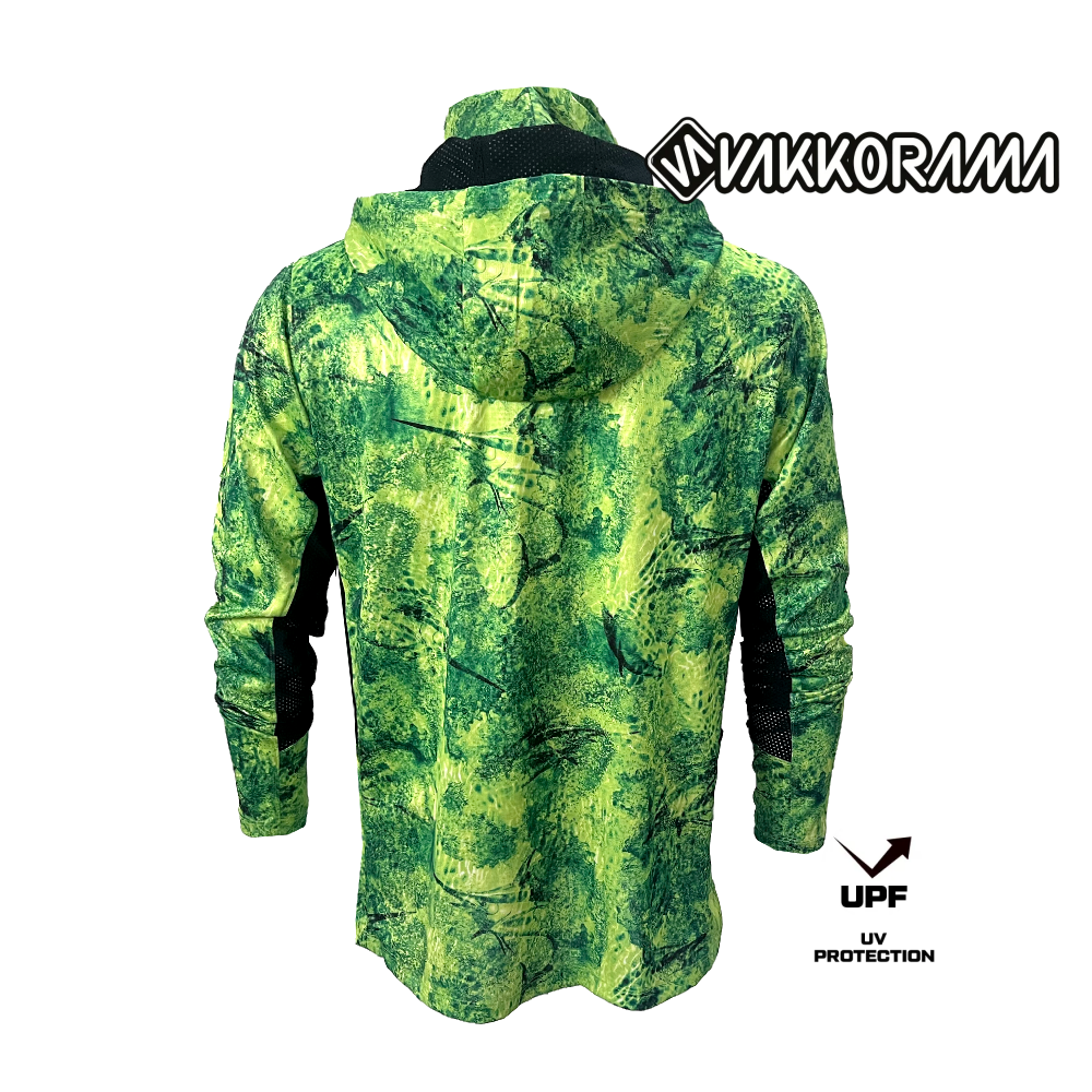 Argonaut Men’s Hooded Masked Pocketed Fisherman Marlin Mania Patterned Green Uv Protected Shirt