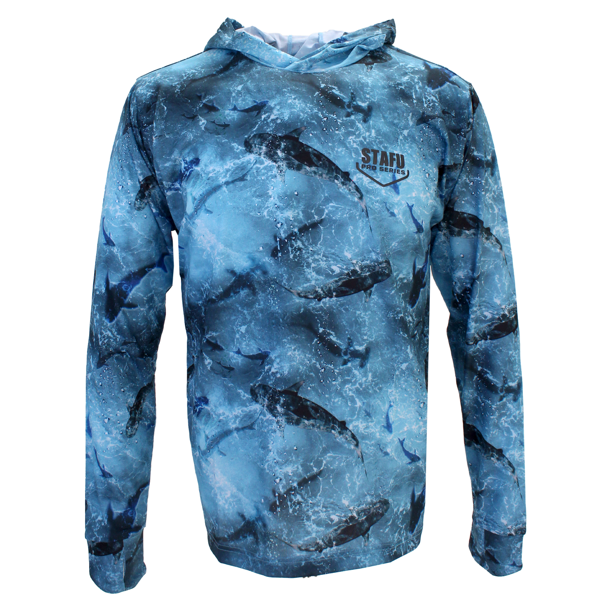 .99 Erkek Kapüşonlu, Uzun Kollu, Ultra Hafif Balıkçı Yelkenci Köpekbalığı Desenli Mavi UV Korumalı Tişört
