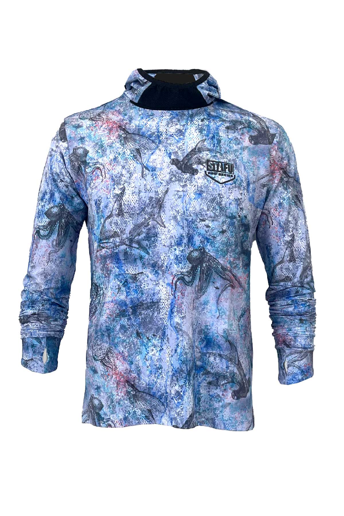 Haka Men's Hooded Long Sleeve Fisherman Sailor Hammerhead Patterned Blue UV Protected Shirt