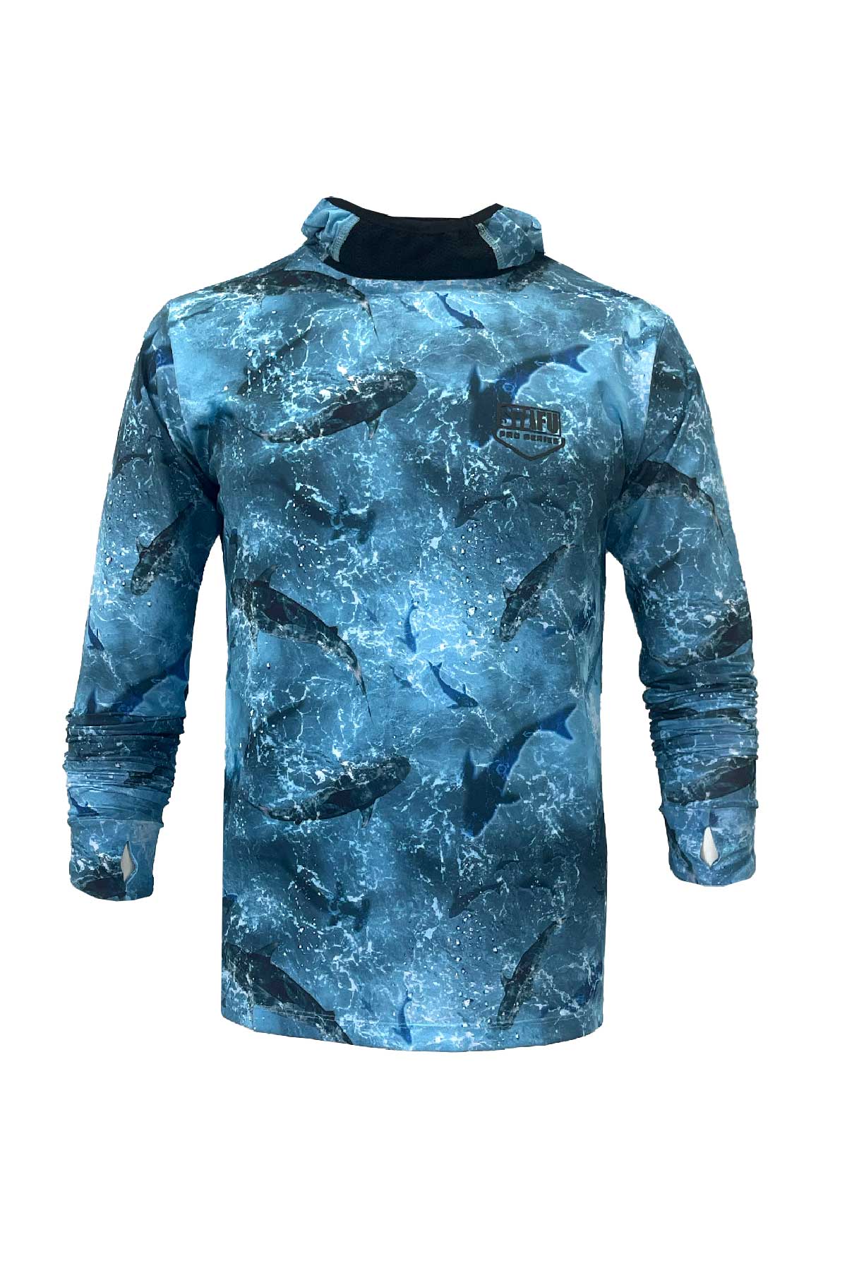 Haka Men's Hooded Long Sleeve Fisherman Sailor Shark Patterned Blue UV Protected Shirt