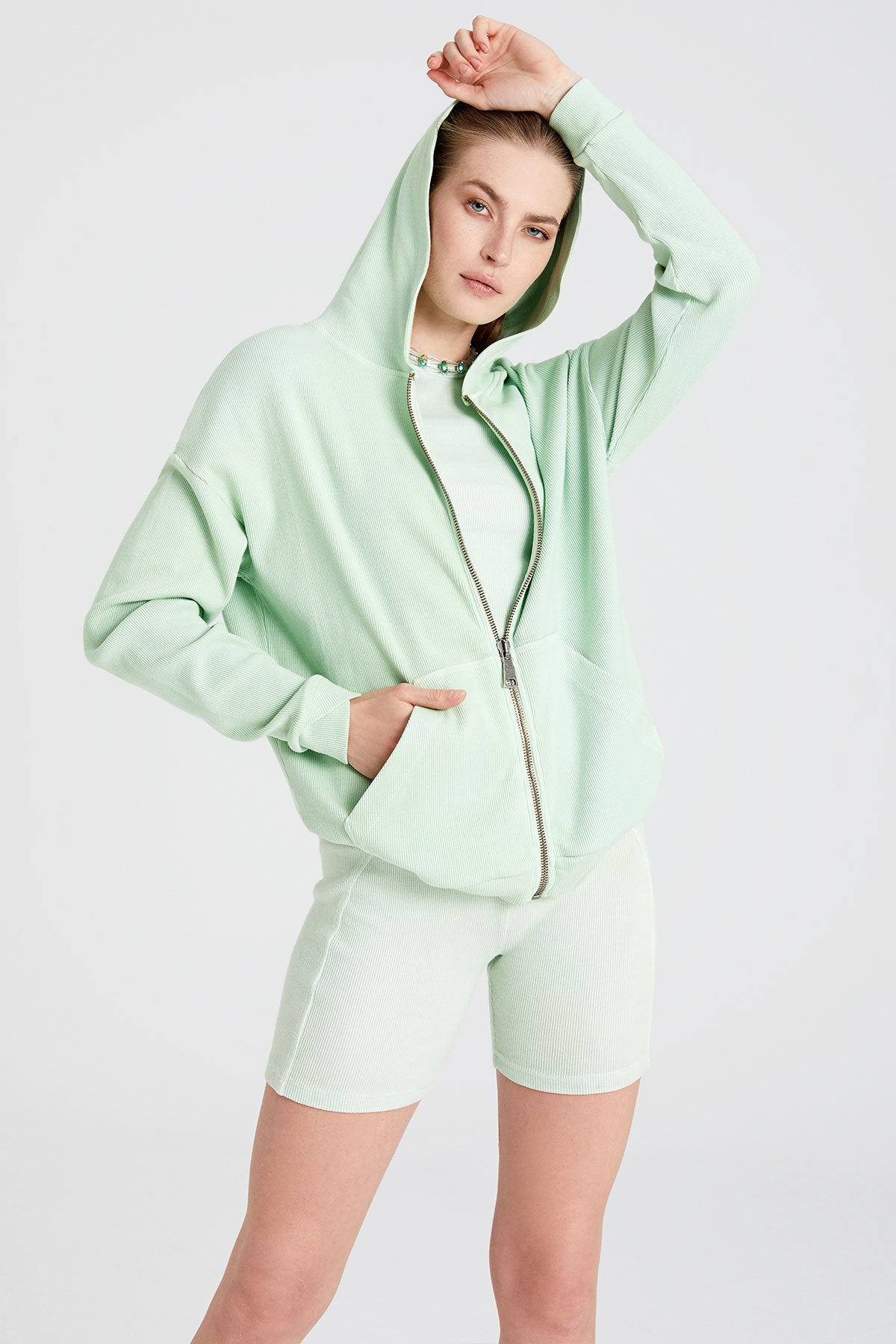RELAXED Kapüşonlu Asit Yıkamalı Sweatshirt SU YEŞİLİ