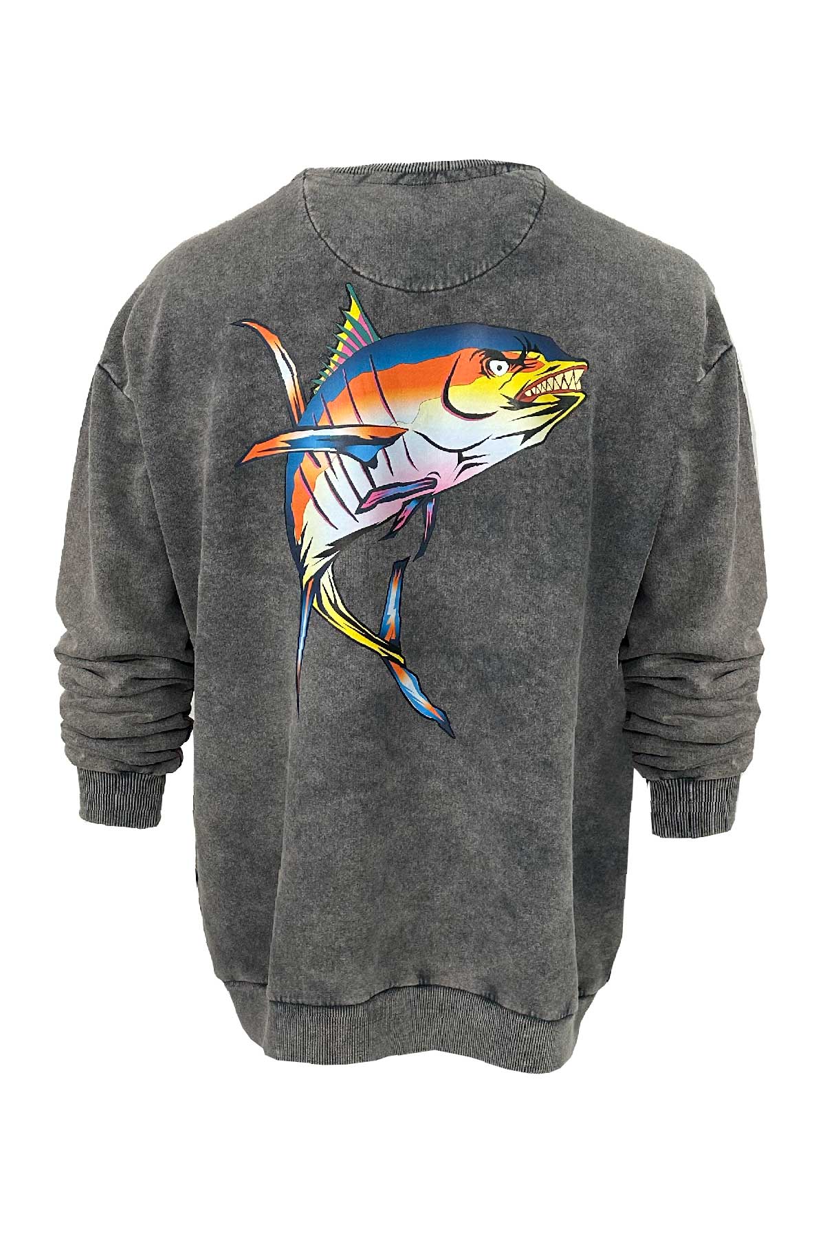 Old Bastard Unisex Crew Neck Long Sleeve Acid Wash Tuna Fish Patterned Grey Sweatshirt