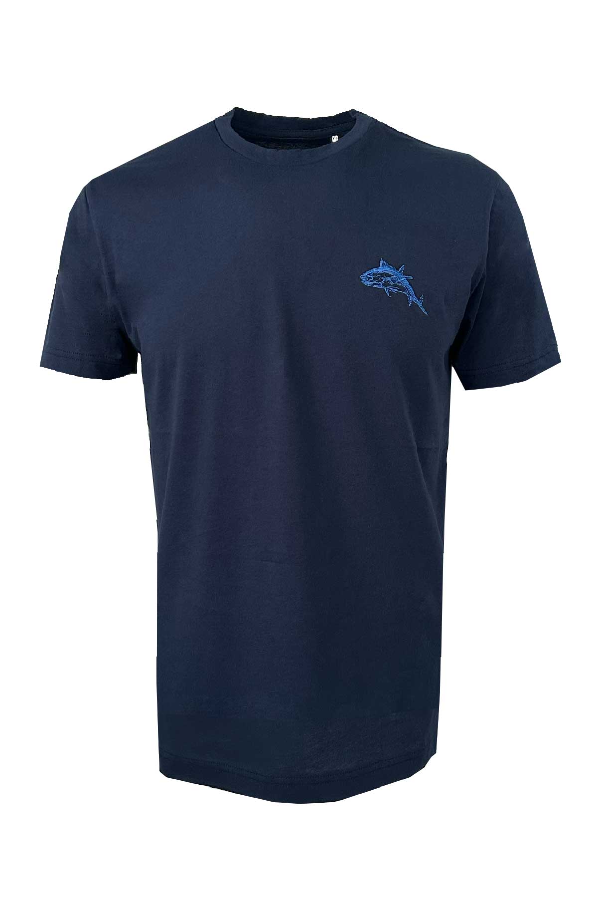 Tuna Embroidery Basic Short Sleeve Crew Neck T-Shirt - Navy