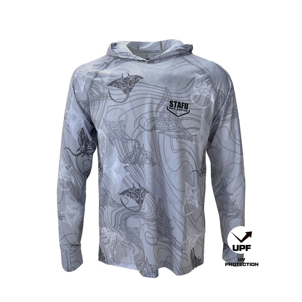 Tasman Men’s Hooded Long Sleeve Fisherman Sailor Manta Patterned Grey Uv Protected Shirt