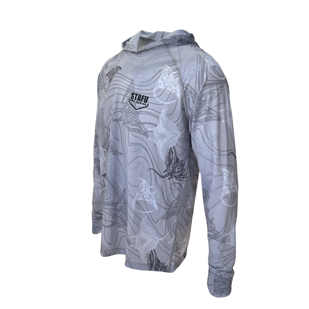 Tasman Men’s Hooded Long Sleeve Fisherman Sailor Manta Patterned Grey Uv Protected Shirt