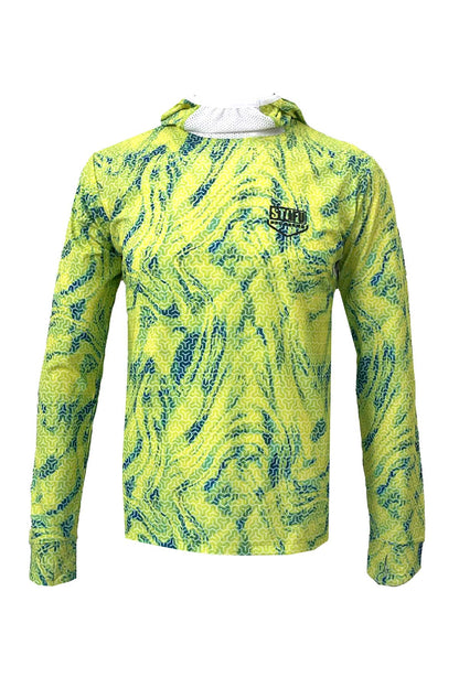Haka Men's Hooded Long Sleeve Fisherman Sailor Trophy Patterned Lime UV Protected Shirt