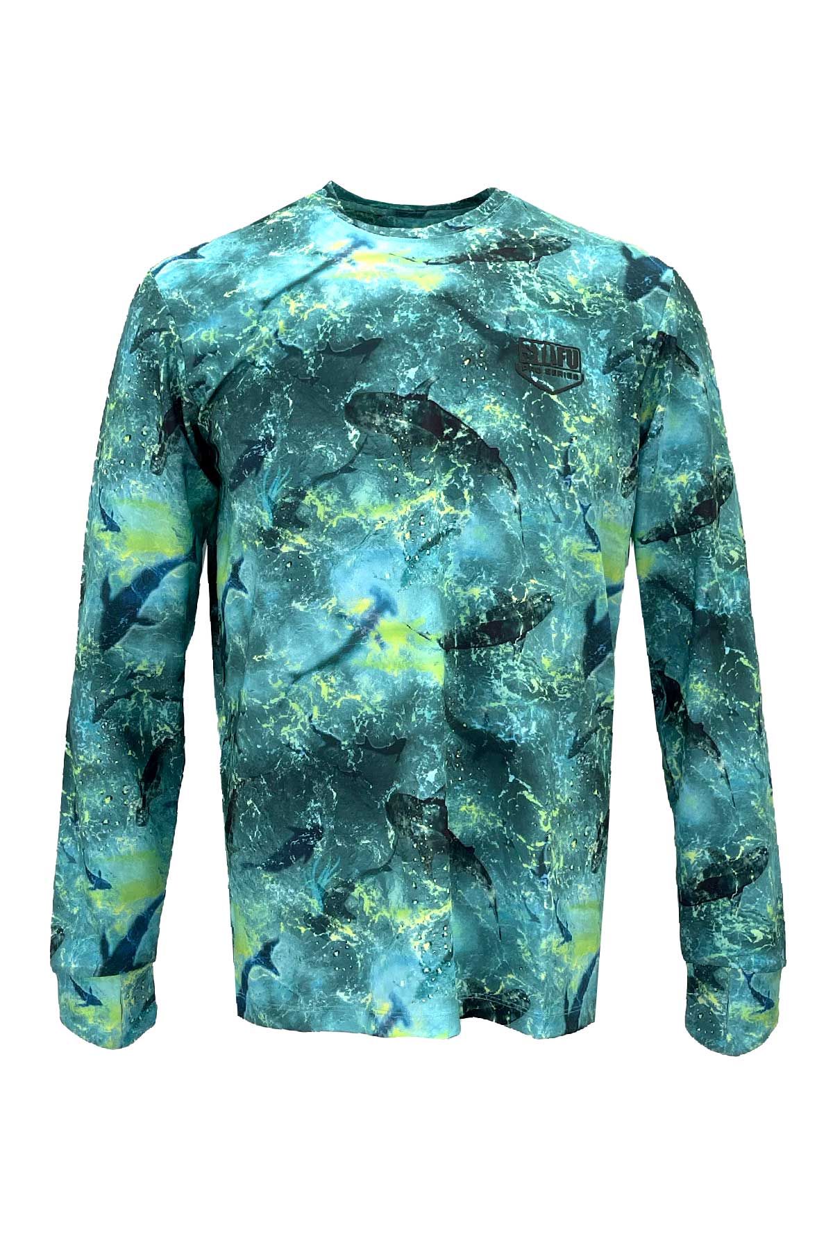 Apex v2 Men's Long Sleeve Crew Neck Fisherman Sailor Shark Patterned Lime UV Protected Shirt